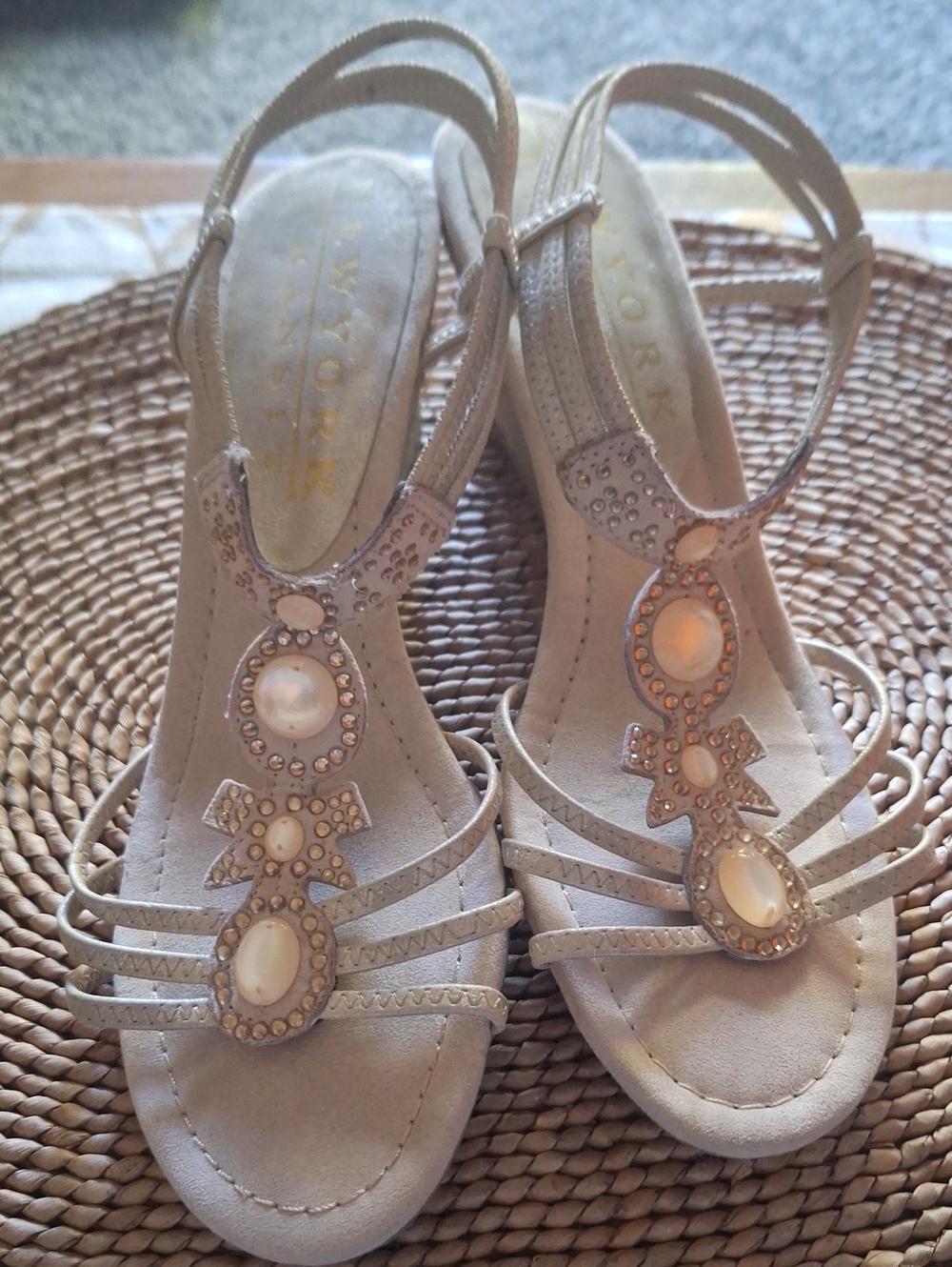 New York Transit Beaded Taupe/Beige T-Strap Slingback Sandals
